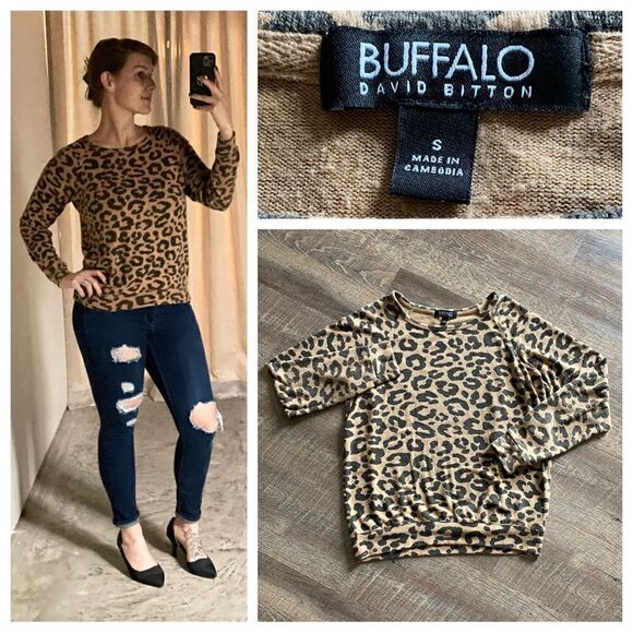 BUFFALO David Bitton Leopard Sweatshirt Soft Animal Print Small Sweater - Picture 3 of 12